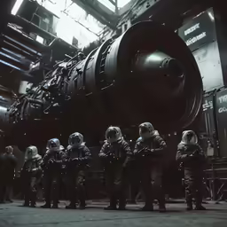 a group of people in spaces suits standing around a machine