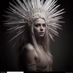 there is a woman with white feathers on her head