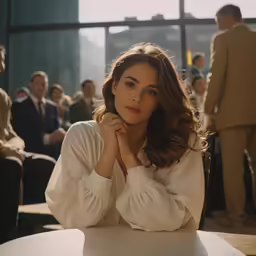 a woman sitting at a table with her chin resting on her hands
