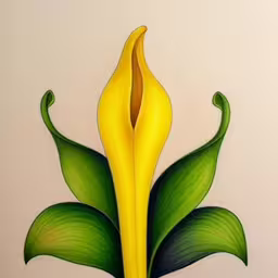 yellow flower on white background with green leaves,the painting is yellow and green and has leaves,this picture was created with colored pencils, and is hand painted with some oil paint,a painting of yellow flower with green leaf,there is a painting on the wall of a green and yellow flower