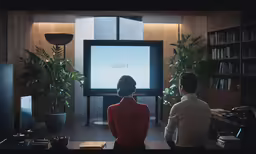 the man and woman sit in front of the flat screen tv