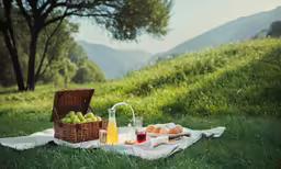 a picnic on a blanket and in front of a mountain