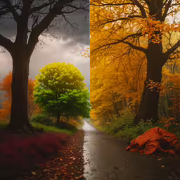 a long road surrounded by leaf covered trees,a lonely street leading through a colorful forest