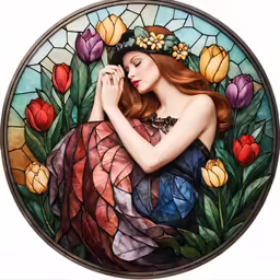 a stained glass portrait of a woman wearing a colorful dress and a floral tiara