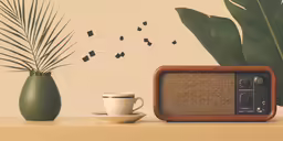 an old radio and a cup on a table