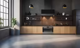 an image of a modern kitchen setting with the light on