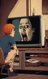 a boy in front of a television with an angry face,a kid watches a cartoon of an angry person on a television screen