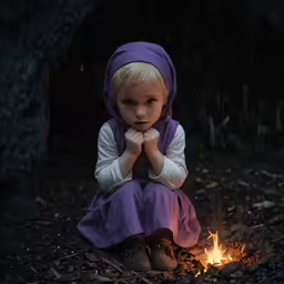 a little girl in a purple outfit is sitting in front of a lit fire