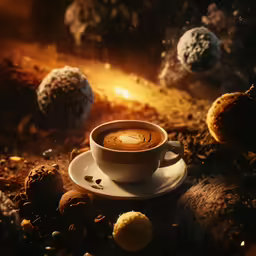 cup of coffee surrounded by other objects with a sun in the background