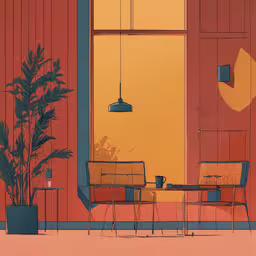 an image of some furniture by a building,this is a painting of three chairs on a patio