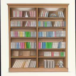 a drawing of a book case filled with books,a drawing of a bookshelf filled with books,a drawing of a bookcase full of books,a drawing of books in an empty bookcase,a drawing of a bookshelf with books and lamps