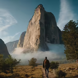 man walking alone through fog, with large mountain in the background