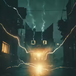 a car driving down the road near a city at night