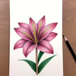 drawing a flower with colored pencils on paper,a white drawing of pink flower next to a pencil