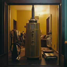 a wooden stove is positioned on a table in front of a mirror