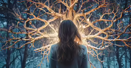 a woman stands in front of trees with a shining star