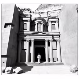 a man standing in front of a large building