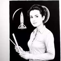 a woman standing in front of a black and white photo