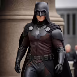 a man in a leather costume walking down a street