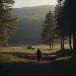 person walking alone on path in an open field