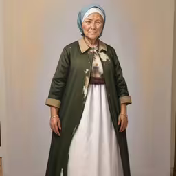 a woman in a renaissance dress with a green robe and white dress