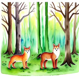 two orange animals standing near trees in a forest,two foxes stand in the woods near trees,two foxes standing in the woods near trees,two red foxes standing in the woods by some trees,a couple of foxes standing in a forest