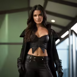 a woman with long black hair and a jacket