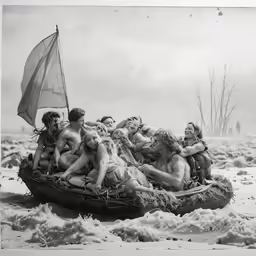 this is an old photo of a group of women riding a raft down a river