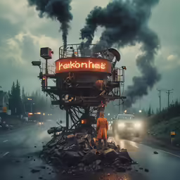 smoke billows from a tower as cars drive down the road