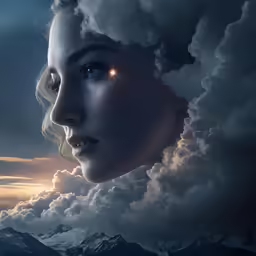 a woman in front of a mountain is surrounded by clouds