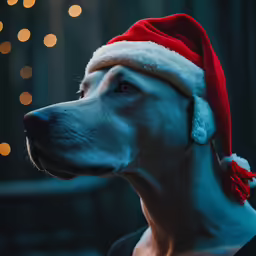 a dog with a hat looking sad