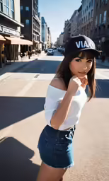 the young woman in the cap is wearing a baseball cap