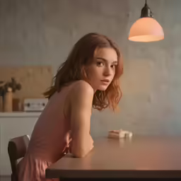a girl posing for the camera while looking down at her right shoulder