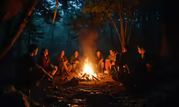 some people are sitting around a camp fire