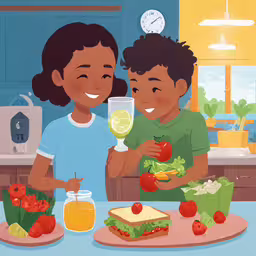 the couple is having lunch together at the table,two children sharing a meal and drink in the kitchen