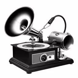 a record player with an old fashioned record and a black megaphone