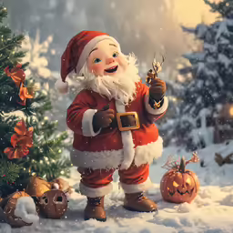 a santa clause statue by a christmas tree
