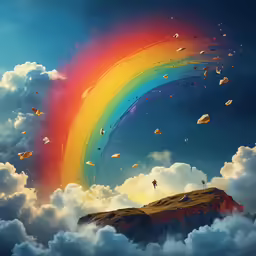 a person standing on a mountain above a rainbow