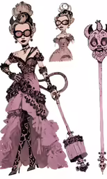 a drawing of a woman holding onto a cane with skull decorations and wearing pink sunglasses