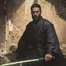 a man is holding a green light saber