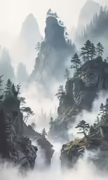an abstract photo of an alpine region surrounded by fog