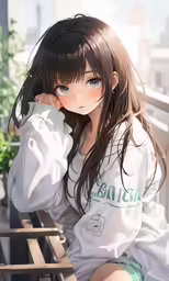 a girl sits on top of a bench and looks off to the side