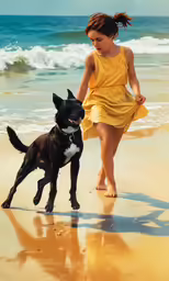 a girl in a yellow dress walking next to a dog