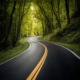 the curves of a curvy road are lined with lush green trees