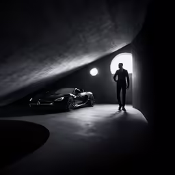 a man is standing in a tunnel next to two cars