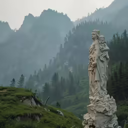 a statue stands in the middle of a green mountain landscape