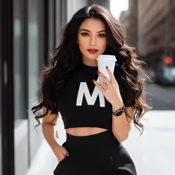 a woman in a top and skirt, holding a cup