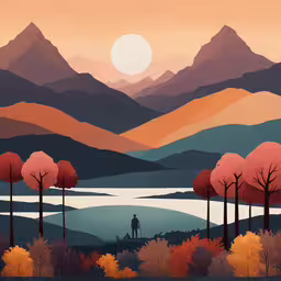a picture of a man walking through an autumn landscape,a large poster featuring mountains, a lake and a man in the distance