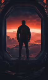 a sci - fi movie poster featuring a man standing in front of an orange and red sky