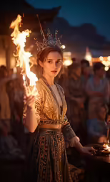 a woman holding a fire stick on her shoulder